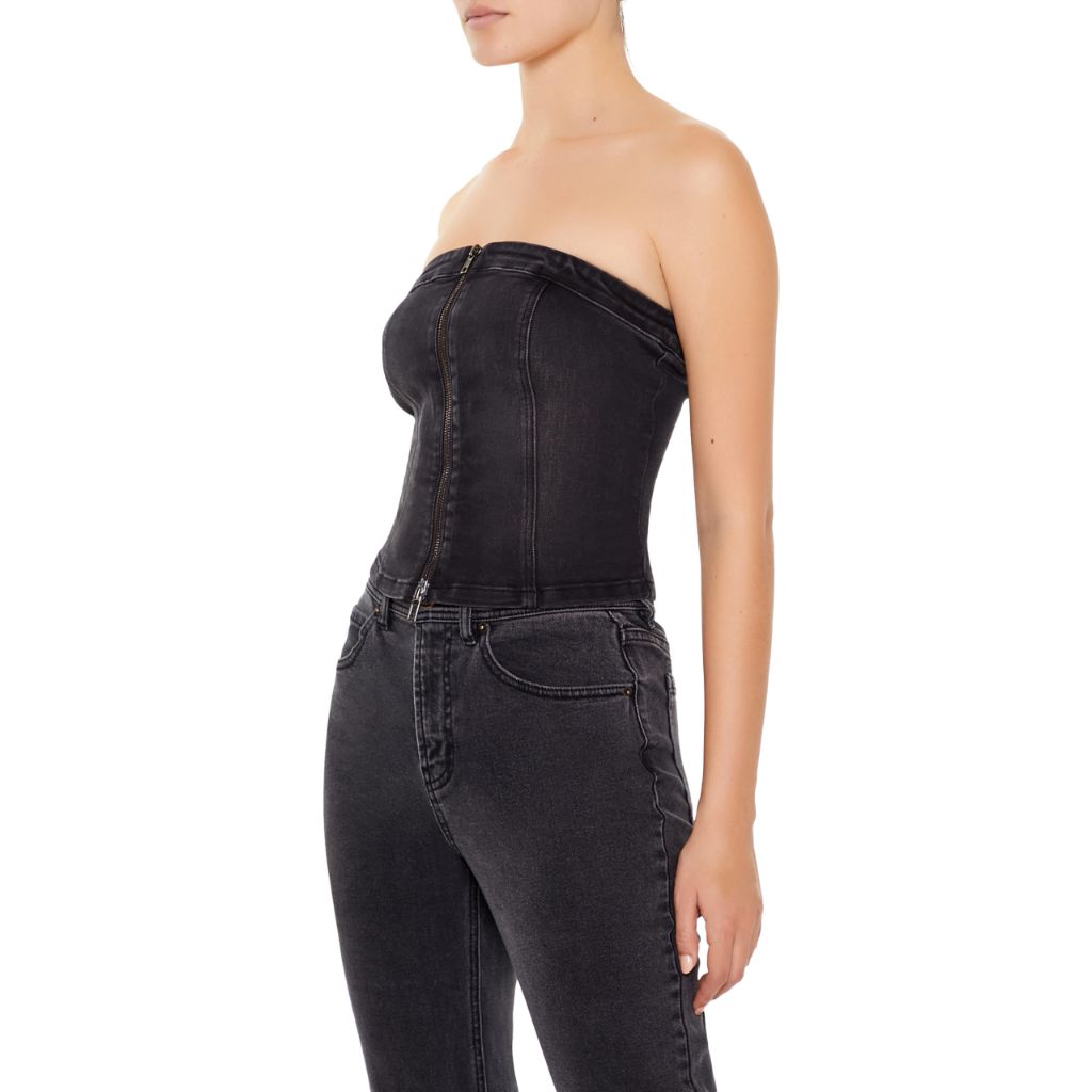 Forever 21 Women's Denim Zip-Front Cropped Tube Top, Black - size Medium