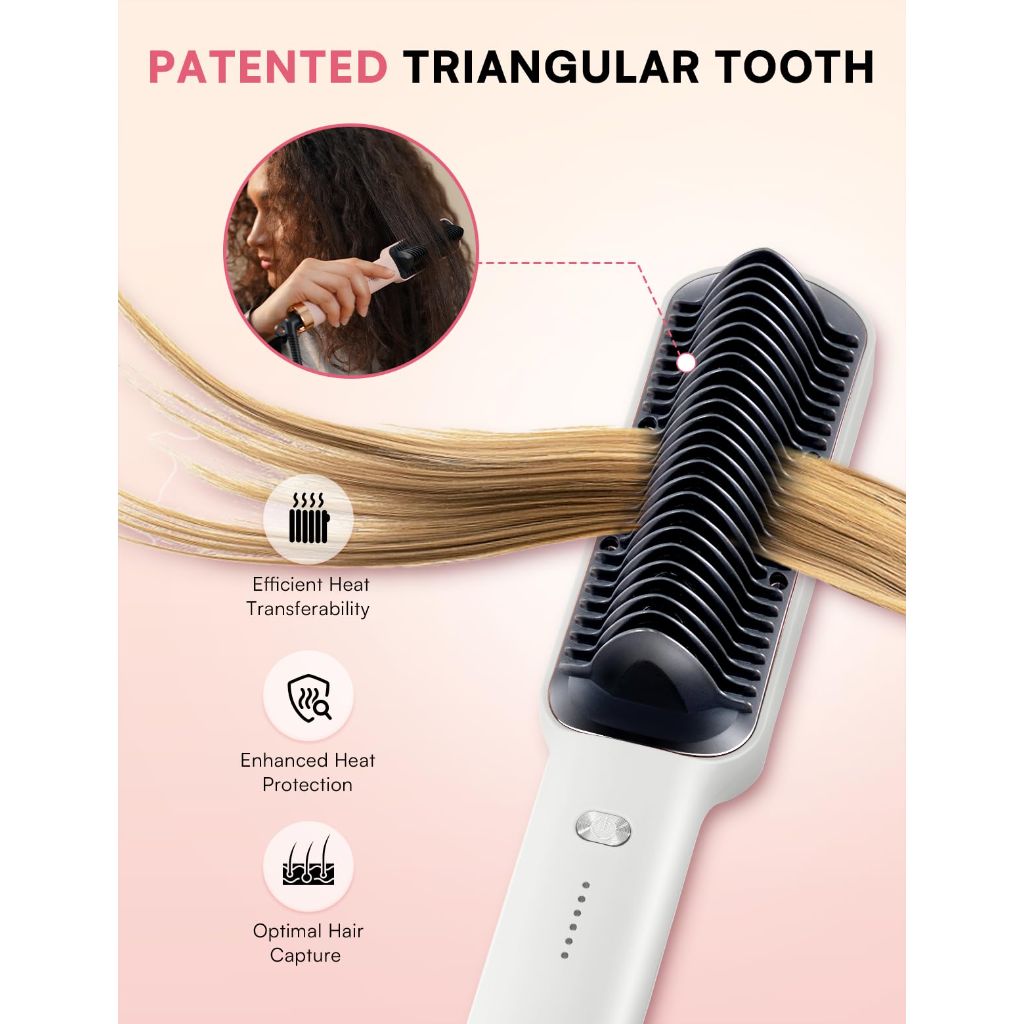 PuraLux Hair Straightener Brush w/5 Temp Settings & Anti-Scald with Ceramic Coating - Pearl White