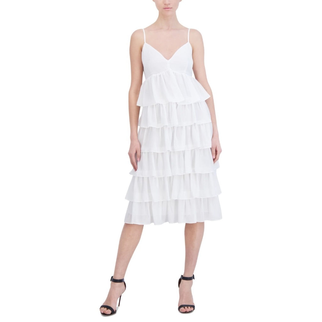 BCBG New York Women's Tiered Ruffle Midi Dress, Marshmallow, Size XS
