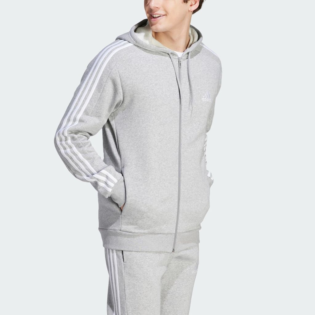 adidas Men's Essentials Fleece 3-Stripes Full-Zip Hoodie - Medium Gray Heather, 4XL Tall
