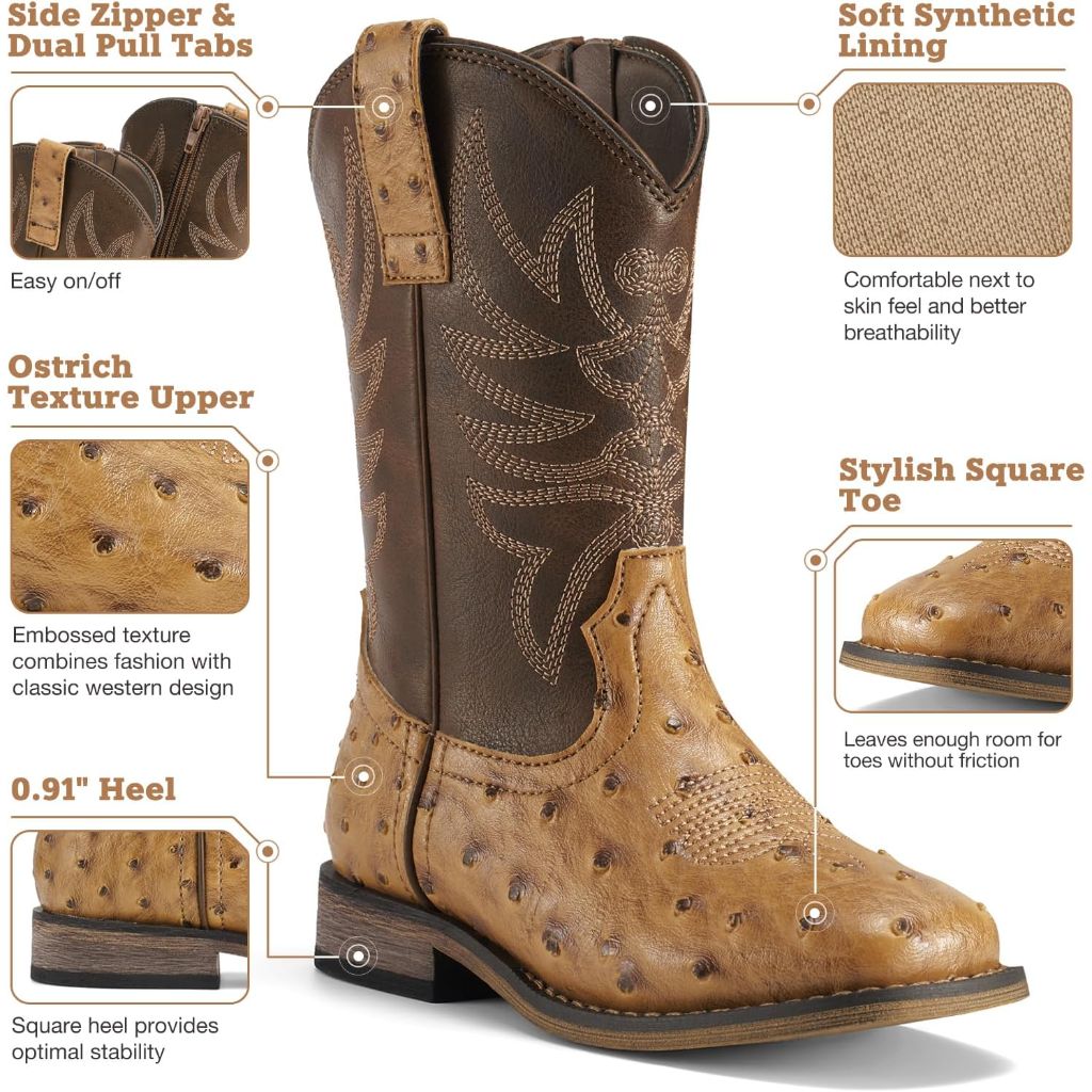 Rollda Kids Cowboy Boots for Kids Western Square Toe Boots, 7BK