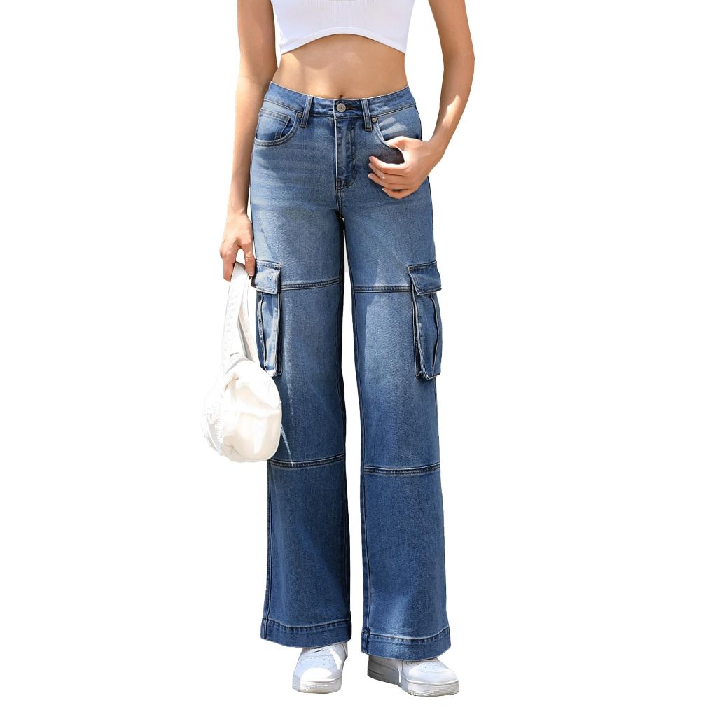 OFLUCK Women's Cargo Jeans High Rise Casual Loose Fit Wide Leg Denim Pants, Medium Blue, S-10