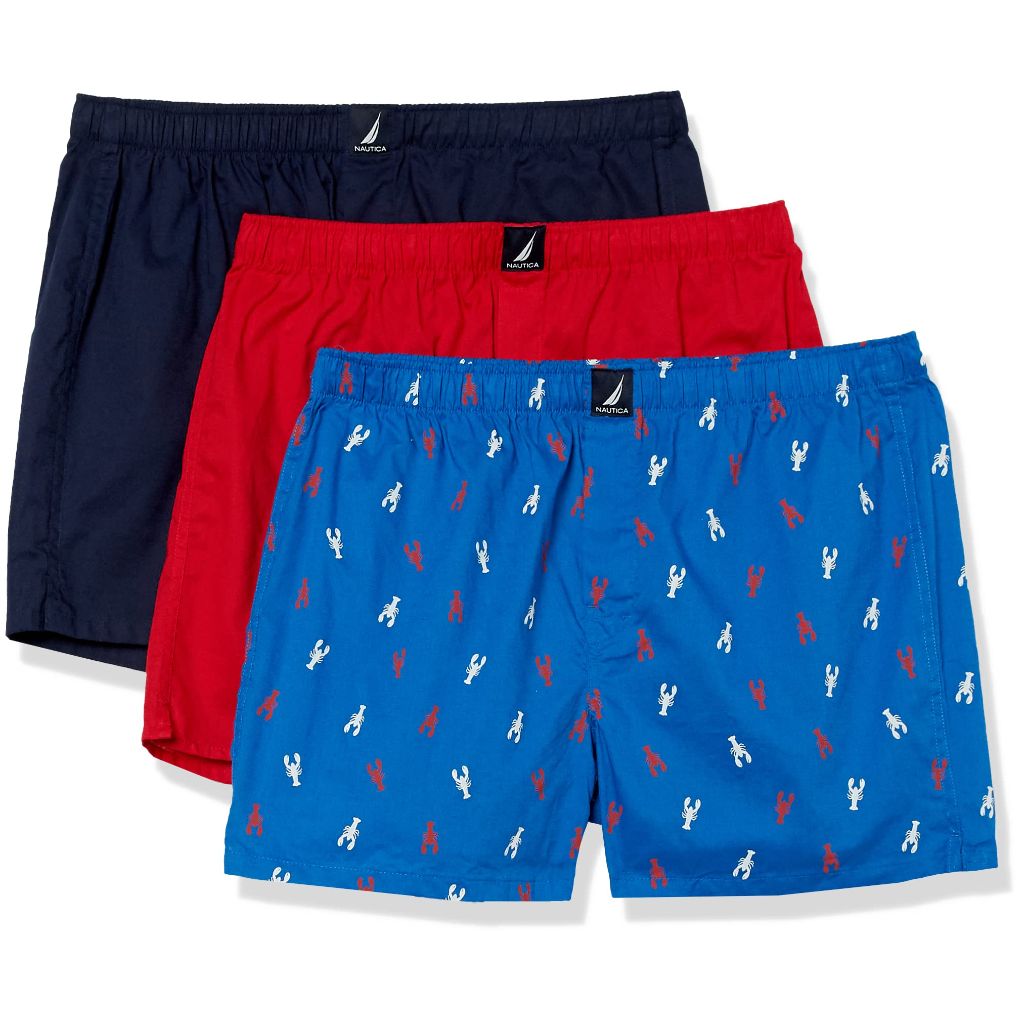 Nautica Men's Cotton Woven 3 Pack Boxer Peacoat, Bright Red, 2 Color Lobster, Large