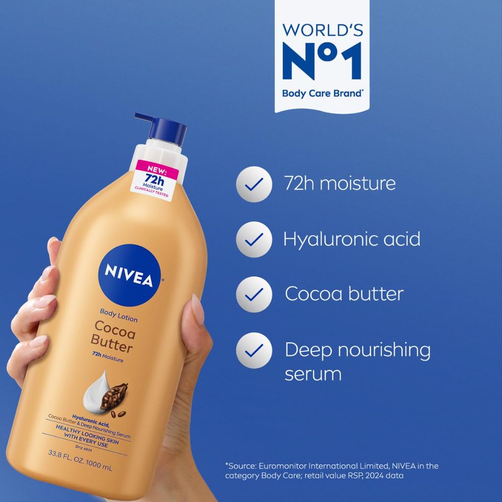 NIVEA Cocoa Butter Body Lotion for Dry Skin with Hyaluronic Acid, 33.8 Fl Oz