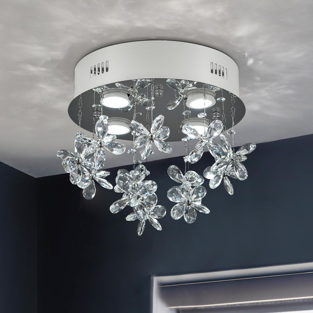 Aol furin 4-Lights Modern Chandelier K9 Crystal Lighting Fixture, 11.8 Inch Round Silver Stainless Steel Ceiling Lights