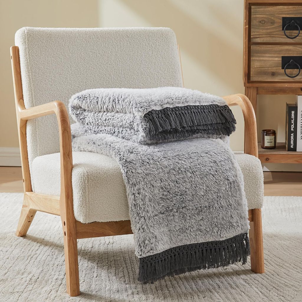EMME Soft Sherpa Fleece Blanket with Tassel, (Tassel Grey, 50"x60")