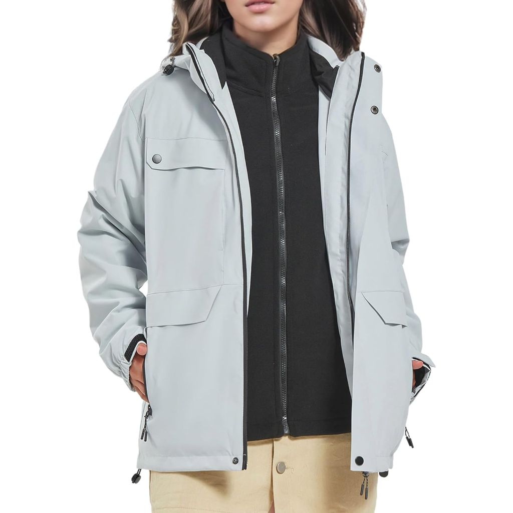 Cathsnna Women's 3-in-1 Waterproof Ski Jacket with Detachable Hood - Light Gray, Size Small