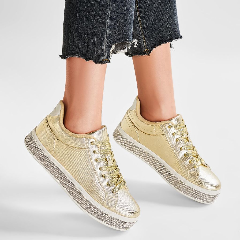 SZ 9, GOSERCE Women's Fashion Gold Sneakers with Sparkly Glitter Rhinestone