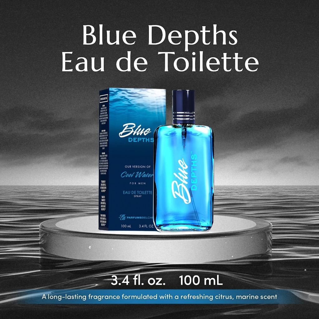 PB ParfumsBelcam Blue Depths Eau de Toilette Fragrance Spray - 3.4 Fl Oz. Crisp Citrus, Warm Musk & Amber Scent