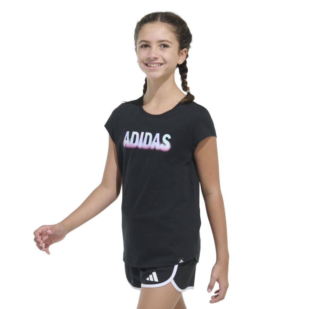 Adidas Girls' Cap Sleeve Graphic Tee Shirt, Black/Mulit, Medium