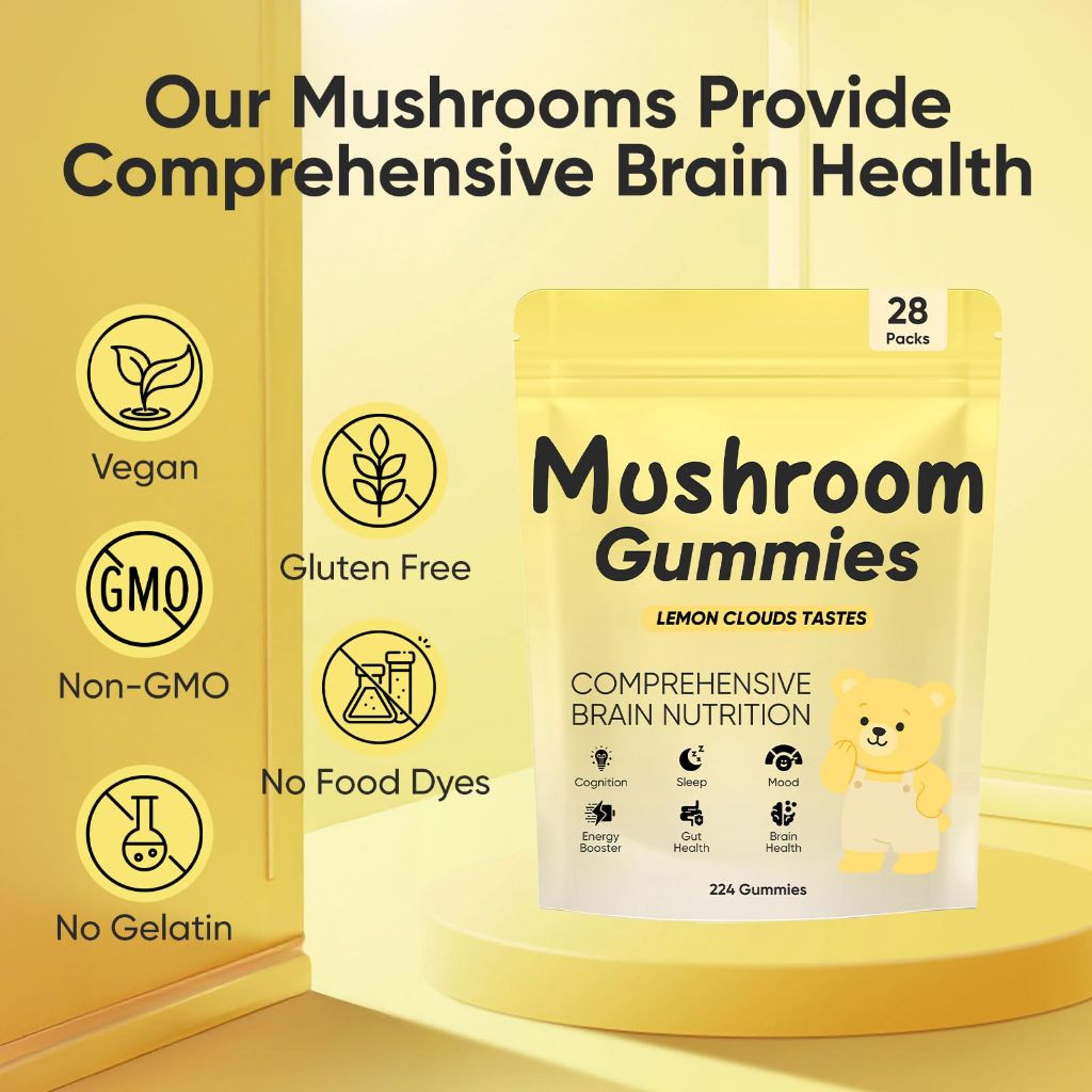 REYUQU Lions Mane Mushroom Gummies, 10,000 mg Adaptogenic Mushroom Complex per Serving - 28 Daily Sachets