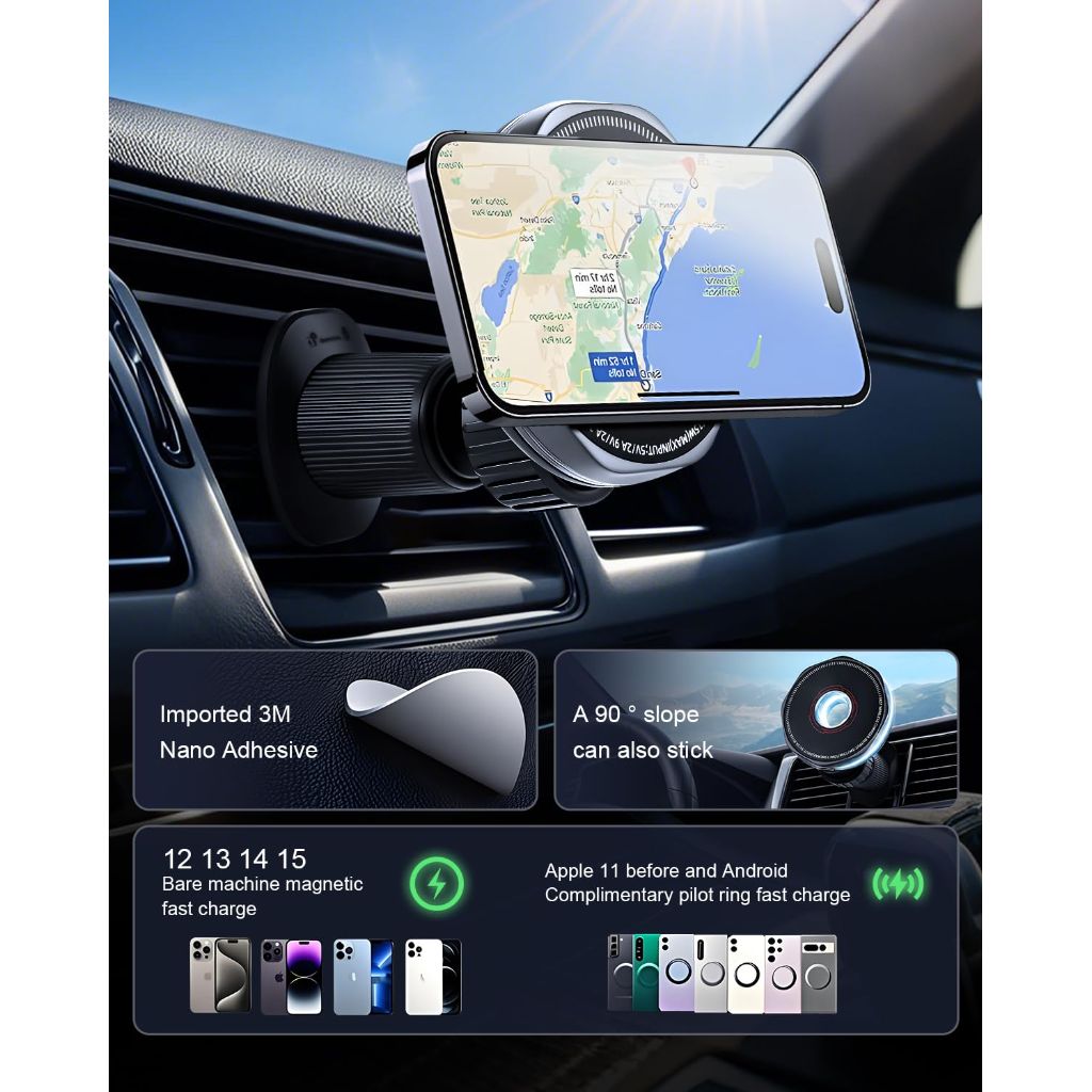 SGRAMSTORG Wireless Car Charger 15W Cell Phone Car Mount, Dashboard/Vent Magnetic Mount for iPhone 16 Pro Max 15 14 13 & Samsung/Android, 360° Rotation Car Phone Holder