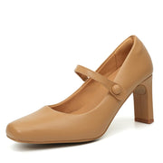 Benassal Womens Mary Janes Chunky Heels Square Toe Pumps (6,Tan)