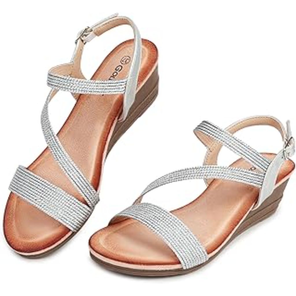 Goldnut Glitter Strappy Wedge Sandal for Women Dressy, Sparkly Women's Open Toe Comfortable Ankle Strap Sandals for Bridal Silver Size 9