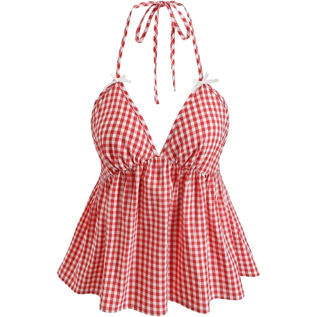 Women's Y2K Plaid Backless Halter Camisole Tops Bow V Neck Sleeveless Ruffle Babydoll Peplum Top Size-Small