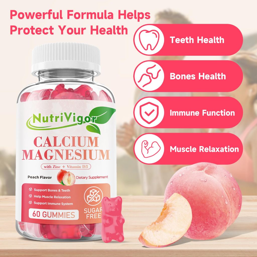 NutriVigor Calcium Gummies 600mg with Vitamin D3, Peach Flavor, 60 Count