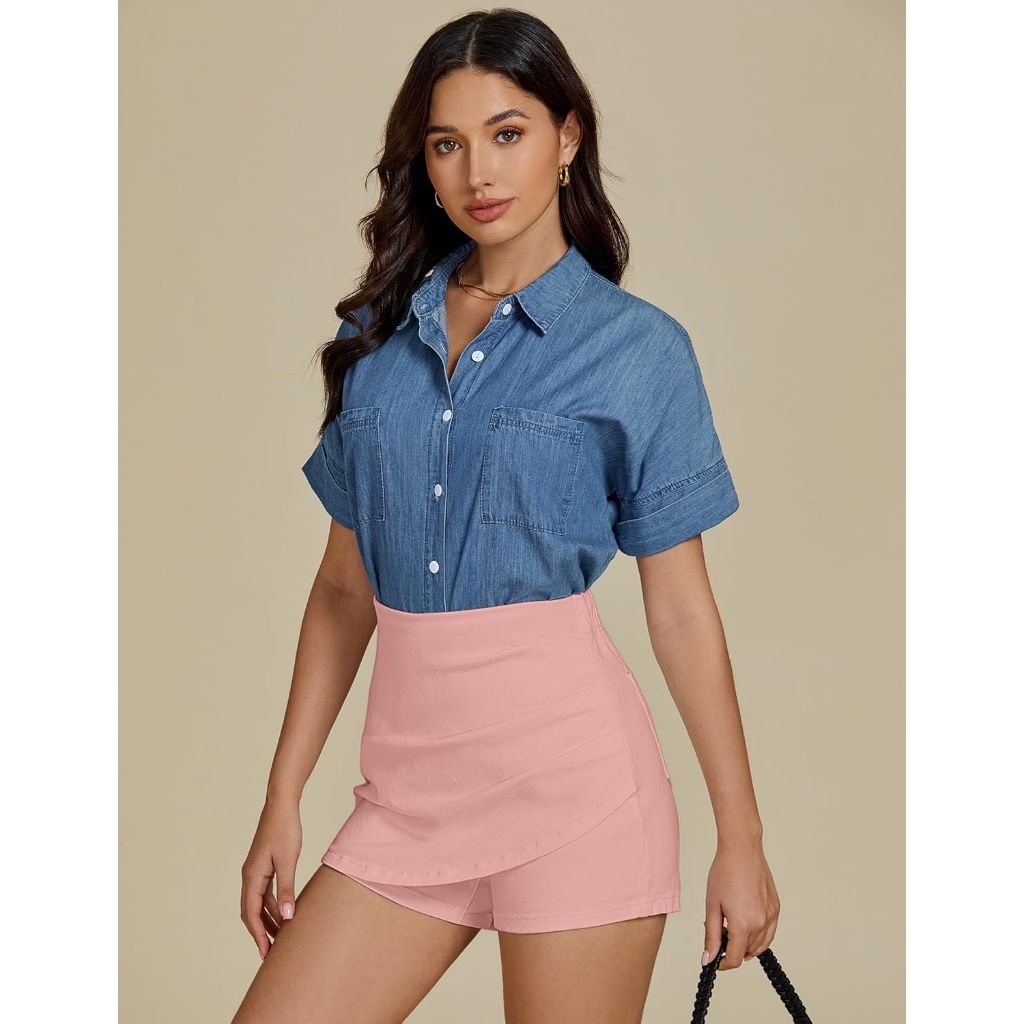 luvamia Jean Skorts for Woman High Waisted Pull On Trendy Casual Stretch Denim Skirt with Shorts Asymmetrical Wrap Skort