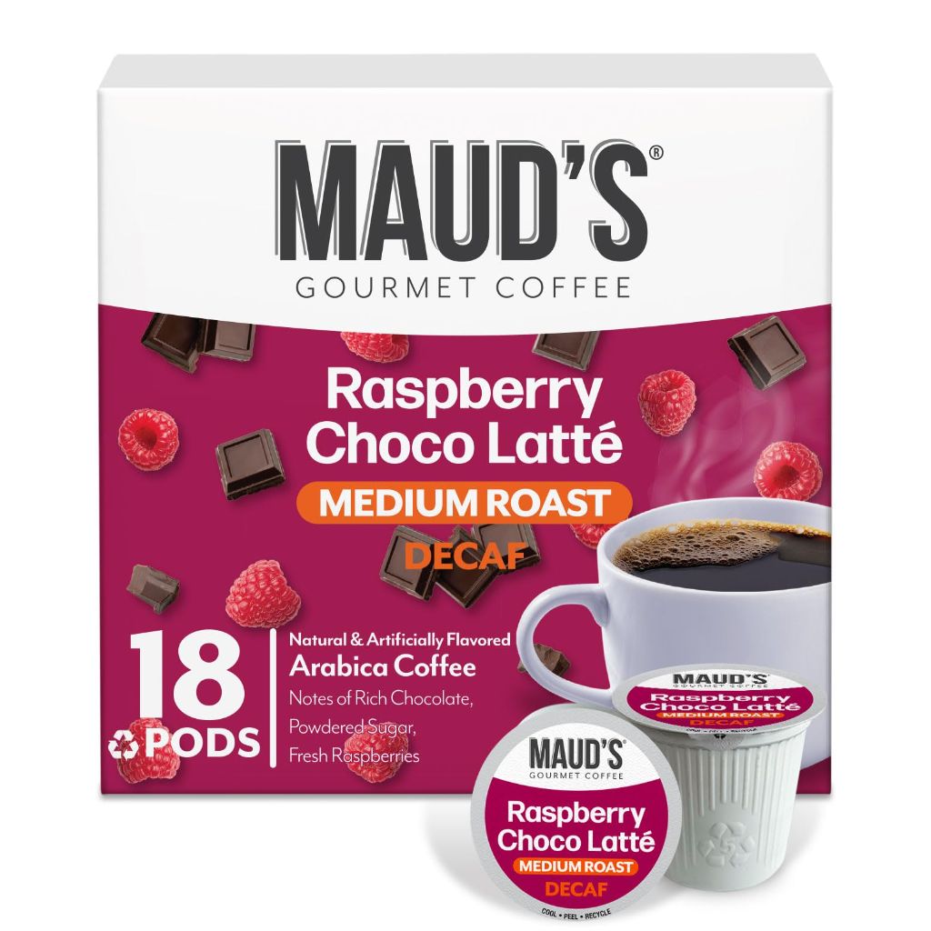 Maud's Decaf Raspberry Chocolate Flavored Coffee Pods | 18 ct, | Decaffeinated Medium Roast