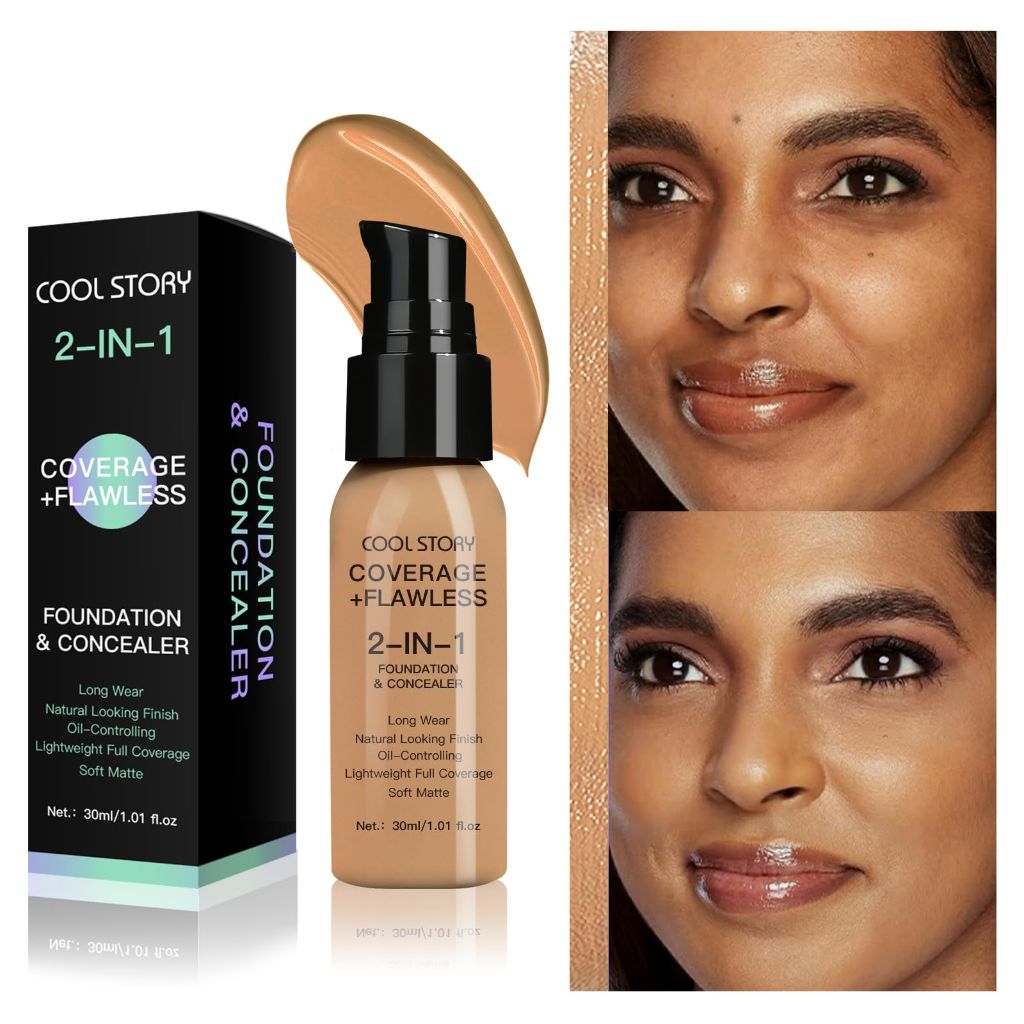2-in-1 Foundation and Concealer Long Wear Natural Matte Finish Lightweight Coverage (Medium Tan) 1.01oz