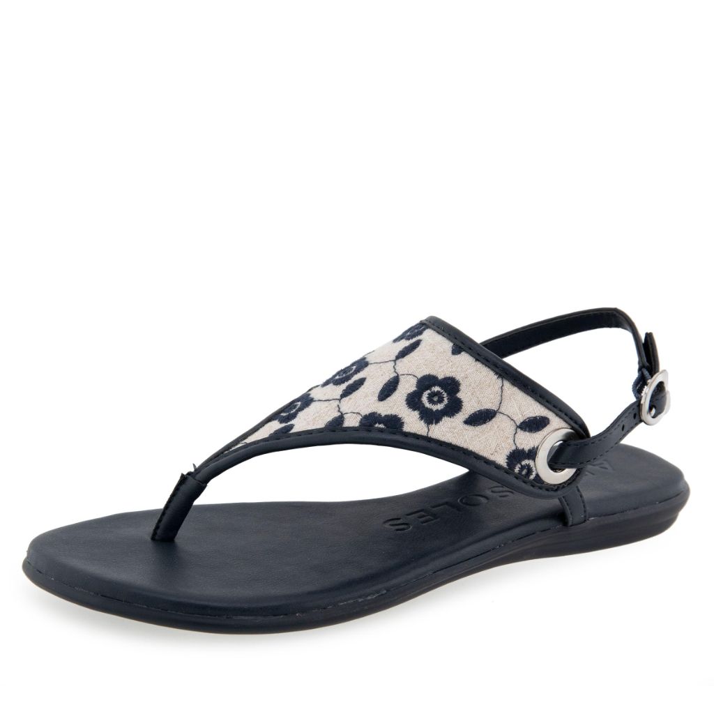 Aerosoles Women's Conclusion Flat Sandal, Natural/Navy Floral Embroidered Linen - size 12M