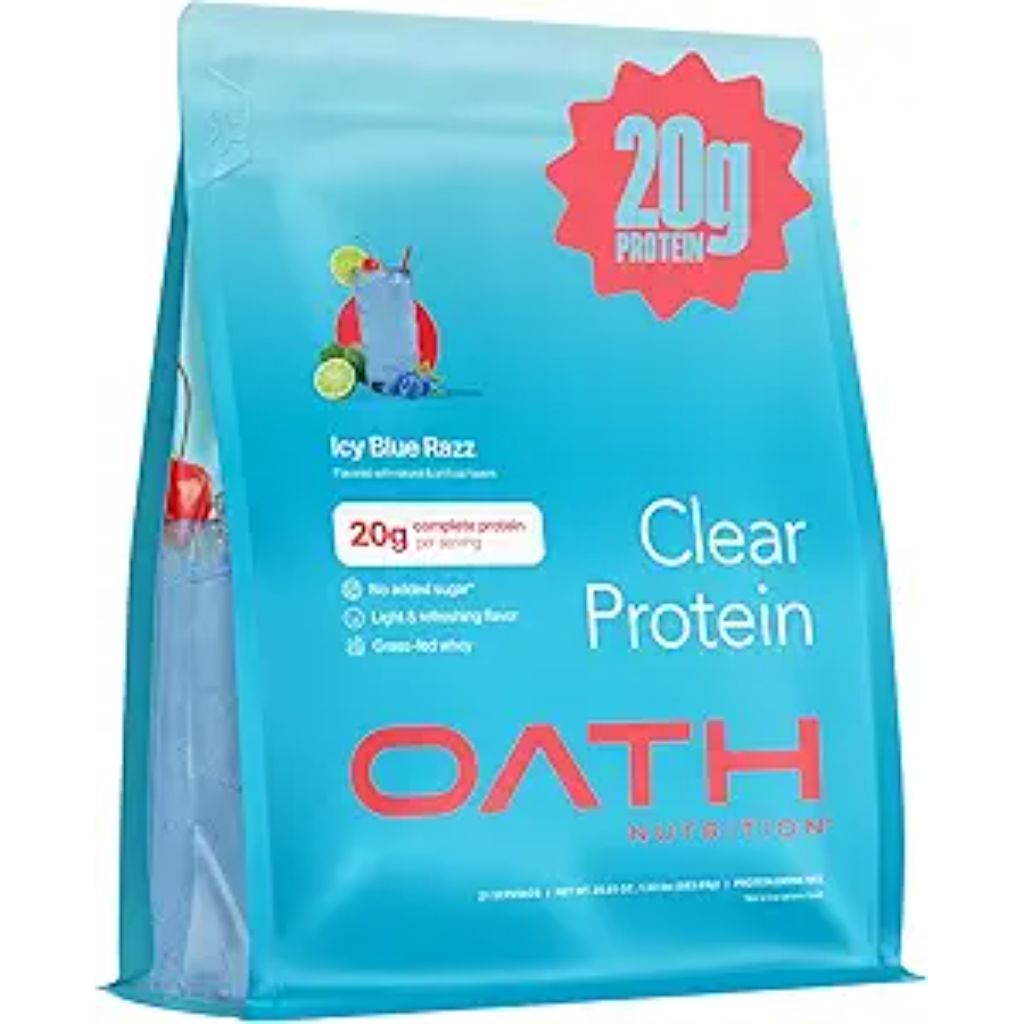 Oath Nutrition Clear Whey Isolate Protein Powder, ICY Blue Razz, 20g Complete Protein per Serving, No Added Sugar, Grass-Fed, 21 Servings