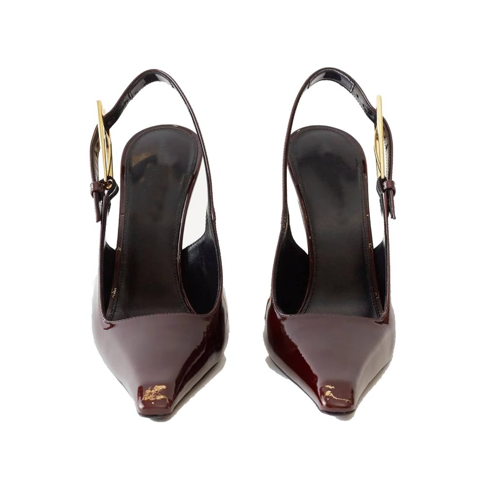 THESHY Women's Slingback Stiletto High Heels Square Toe Metal Buckle Pumps Backless Patent Leather Fashion Dress Shoes for Women Burgundy