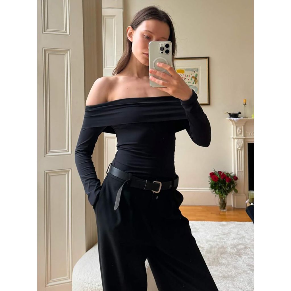 Women's Sexy Off The Shoulder Ruched Layer Long Sleeve Bodysuit Tops Shirts