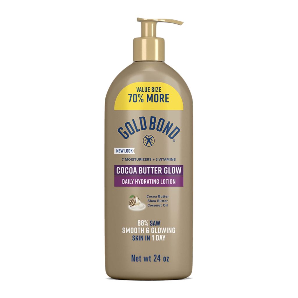 Gold Bond Cocoa Butter Glow Daily Hydrating Lotion with Cocoa Shea Butter & Coconut Oil, Exfoliating and Moisturizing Lotion for Dry Skin, 24 oz
