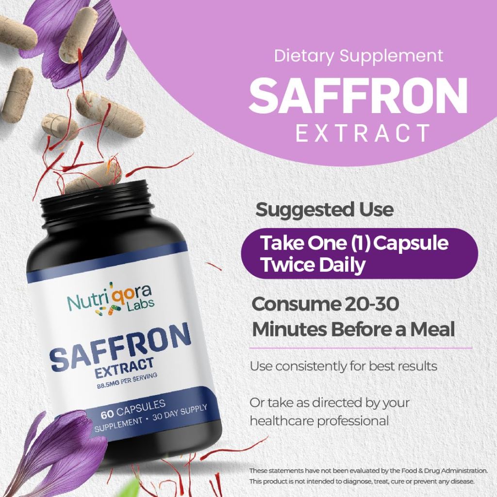 NUTRIQORA LABS Saffron Supplements – 60 Capsules | 88.5 mg Saffron Extract per Serving