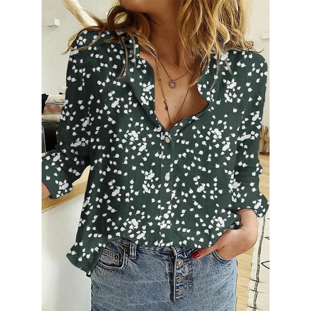 Dokotoo Women's Alicia Floral Print Roll Up Long Sleeve Button Down Blouse - Green, Large