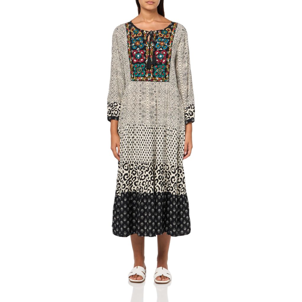 John-Mark Embroidered Multi Print Dress, 3/4 Sleeves and Tassel, Multi, SZ XL