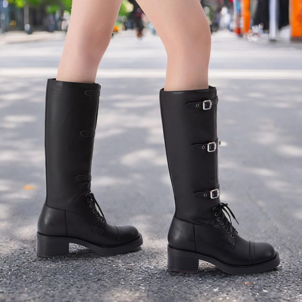 Athlefit Black Knee High Boots for Women Wide Calf Tall Riding Boots Slip On Chunky Low Heel Booties