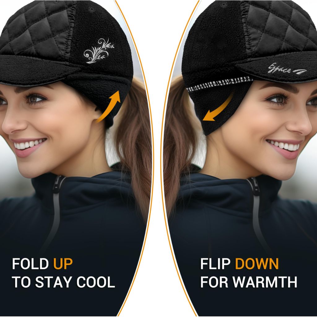 EZPACE Women's Ponytail Running Hat with 3M Ear Warmers Cold Weather Quilted Cap (Black)