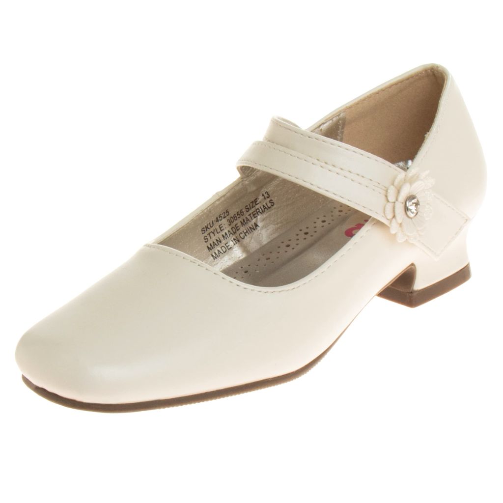 Josmo Girls Mary Jane Dress Shoes – Patent Block Low Heel Pumps with Flower and Adjustable Buckle Strap Ballet Party Flats, Glossy Beige (1 Medium, Big Kid)