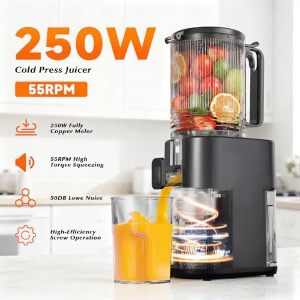 Cold Press Juicer, 5.5inch Wide Feed Chute Juicer Machine, Slow Masticating Juicer for Whole Vegetables & Fruits, Black (DAMAGED BOX)