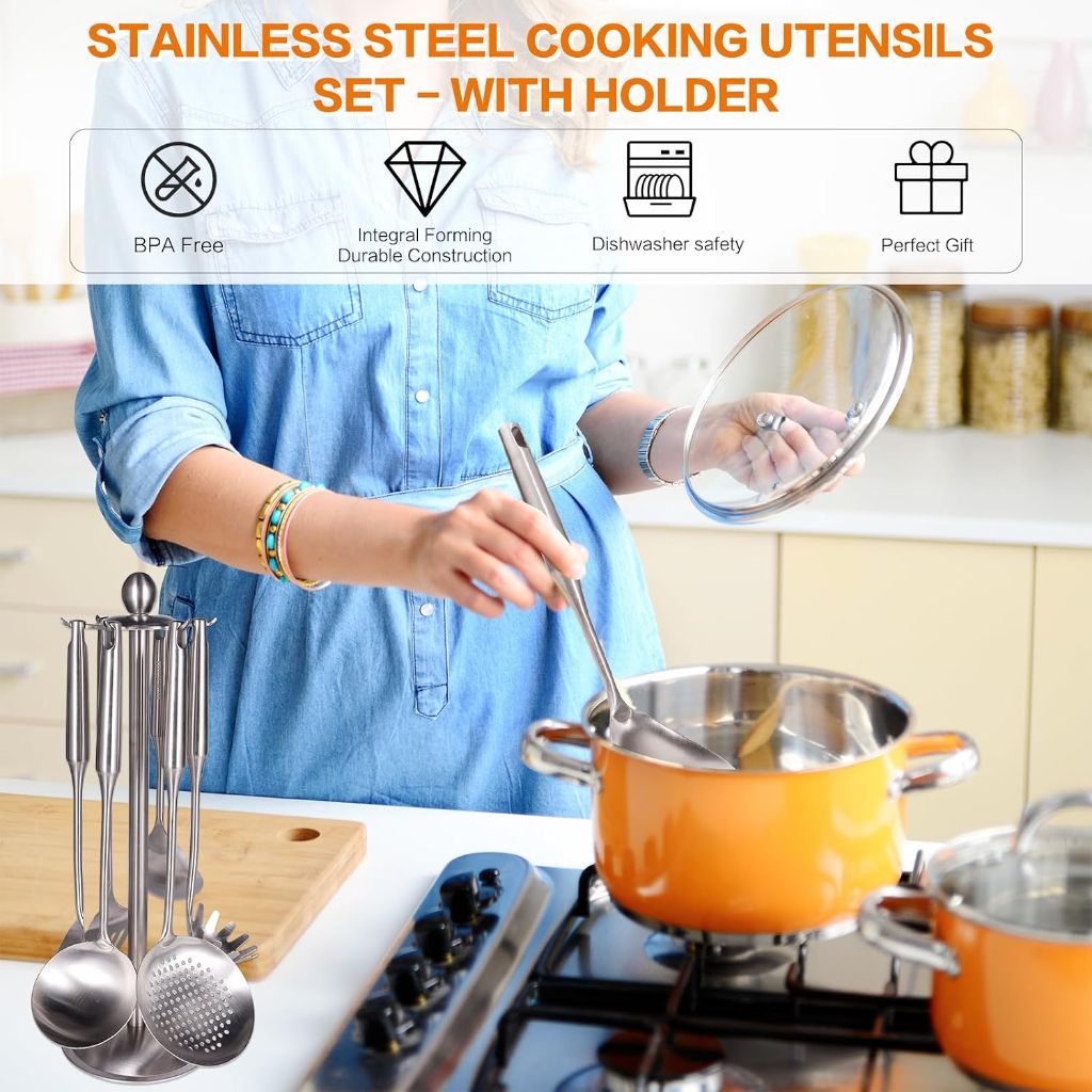 6Pcs Stainless Steel Kitchen Utensils Set Includes Utensil Holder / 6Pcs