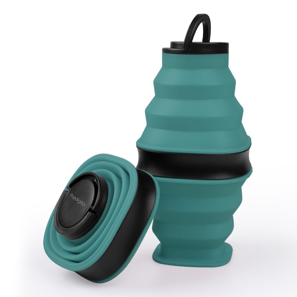 Popdigito Collapsible Water Bottles,600ml BPA Free Reusable Lightweight LeakProof Silicone Foldable Water Bottle, Dark Green