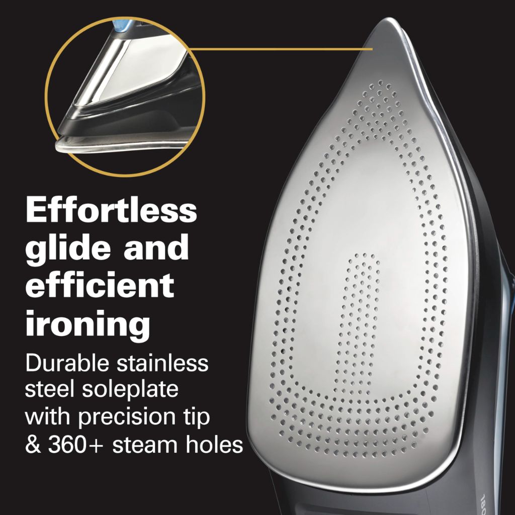 Hamilton Beach Steam Iron for Clothes & Garment Steamer with Intuitive FabricIQ Touchpad, Durable Stainless Steel Soleplate, 3-Way Auto Shutoff, 1800 Watts, 350ml Water Tank, 10' Cord, Black (14950)