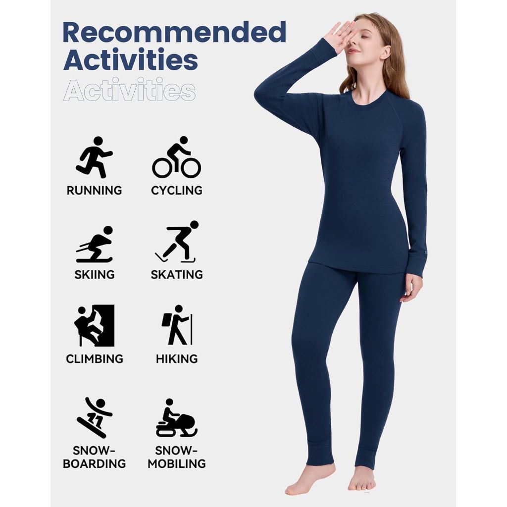 SZ L, Women's 100% Merino Wool Base Layer Sets Lightweight Active Base Layer for Ski | Navy