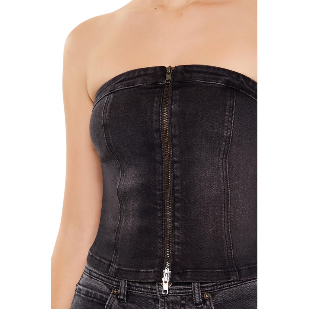 Forever 21 Women's Denim Zip-Front Cropped Tube Top, Black - size Medium
