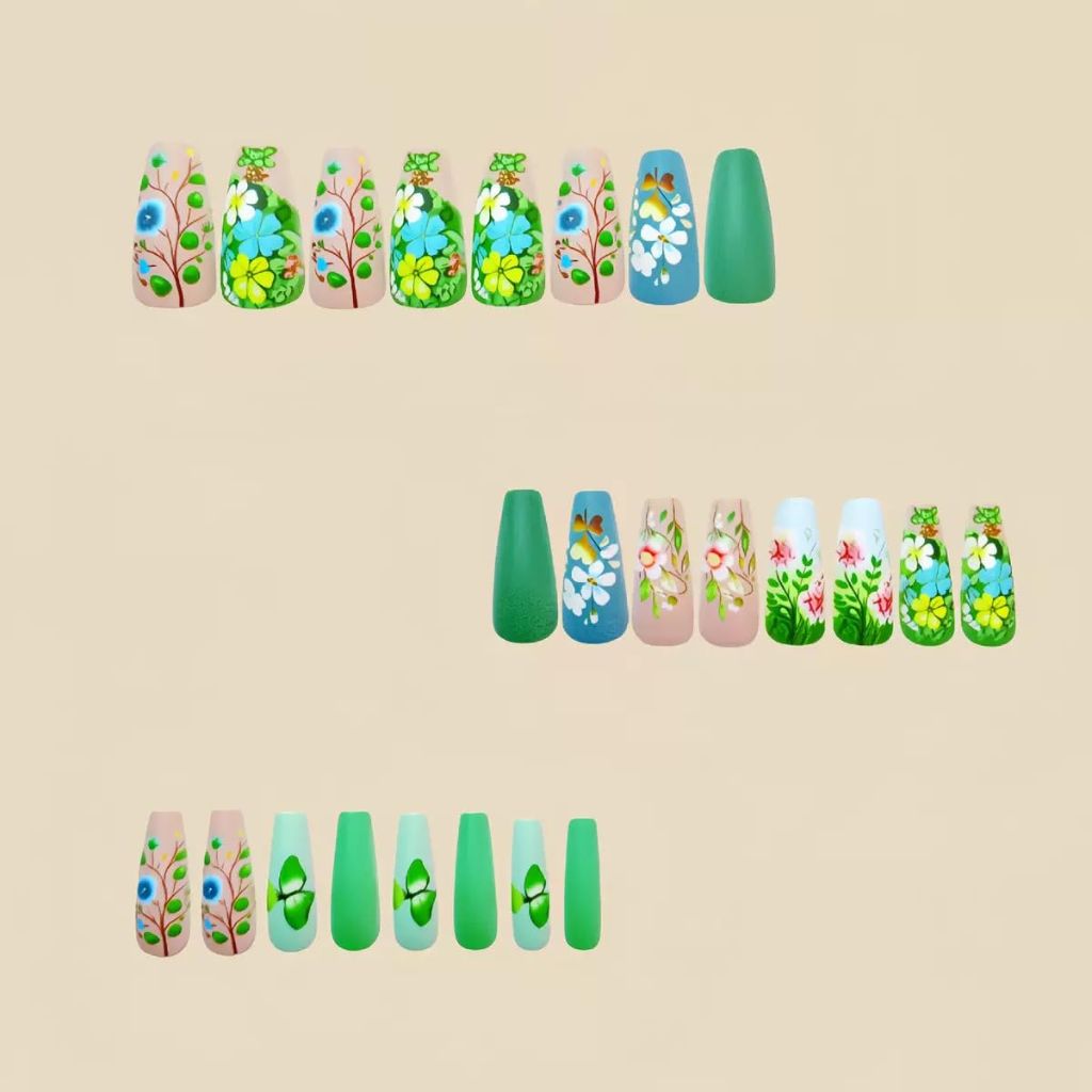 Press on Nails Medium Coffin Fake Nails Green False Nails with Flower Pattern Design - 24Pcs