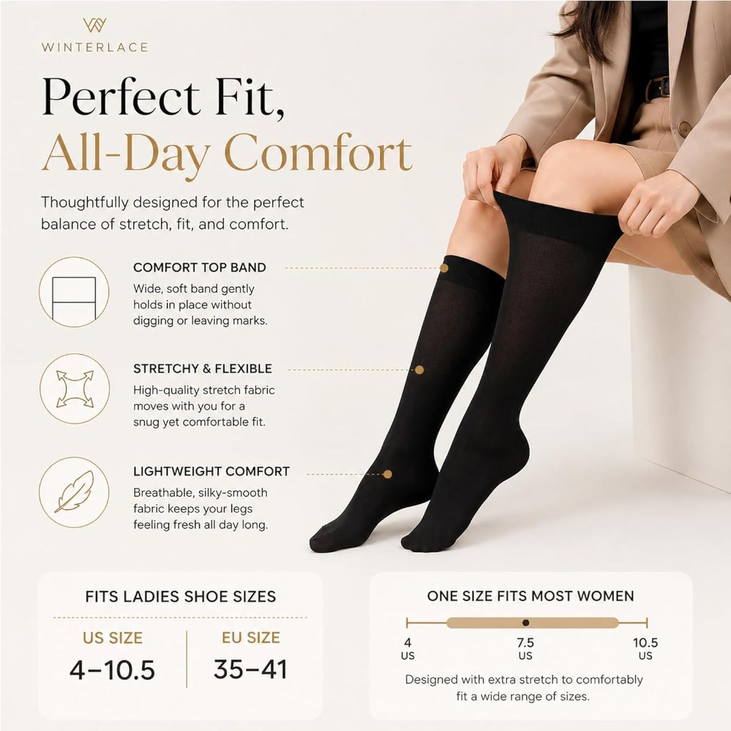 Winterlace Women’s Trouser Socks, Opaque Stretchy Nylon Knee High, Many Colors, 6 Pairs, Size 9-11