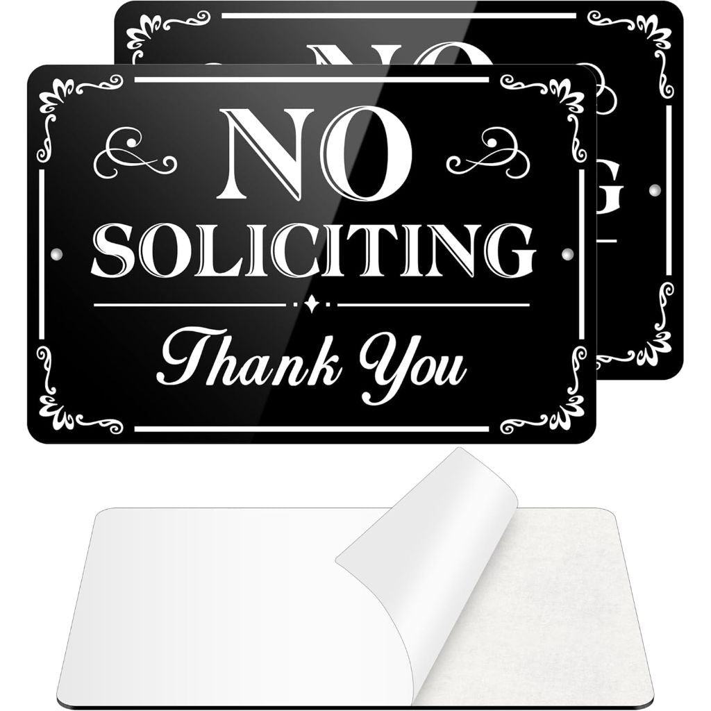 "No Soliciting" Front Door Sign, Self-Adhesive, 9" x 6" Aluminum - 2 Pack