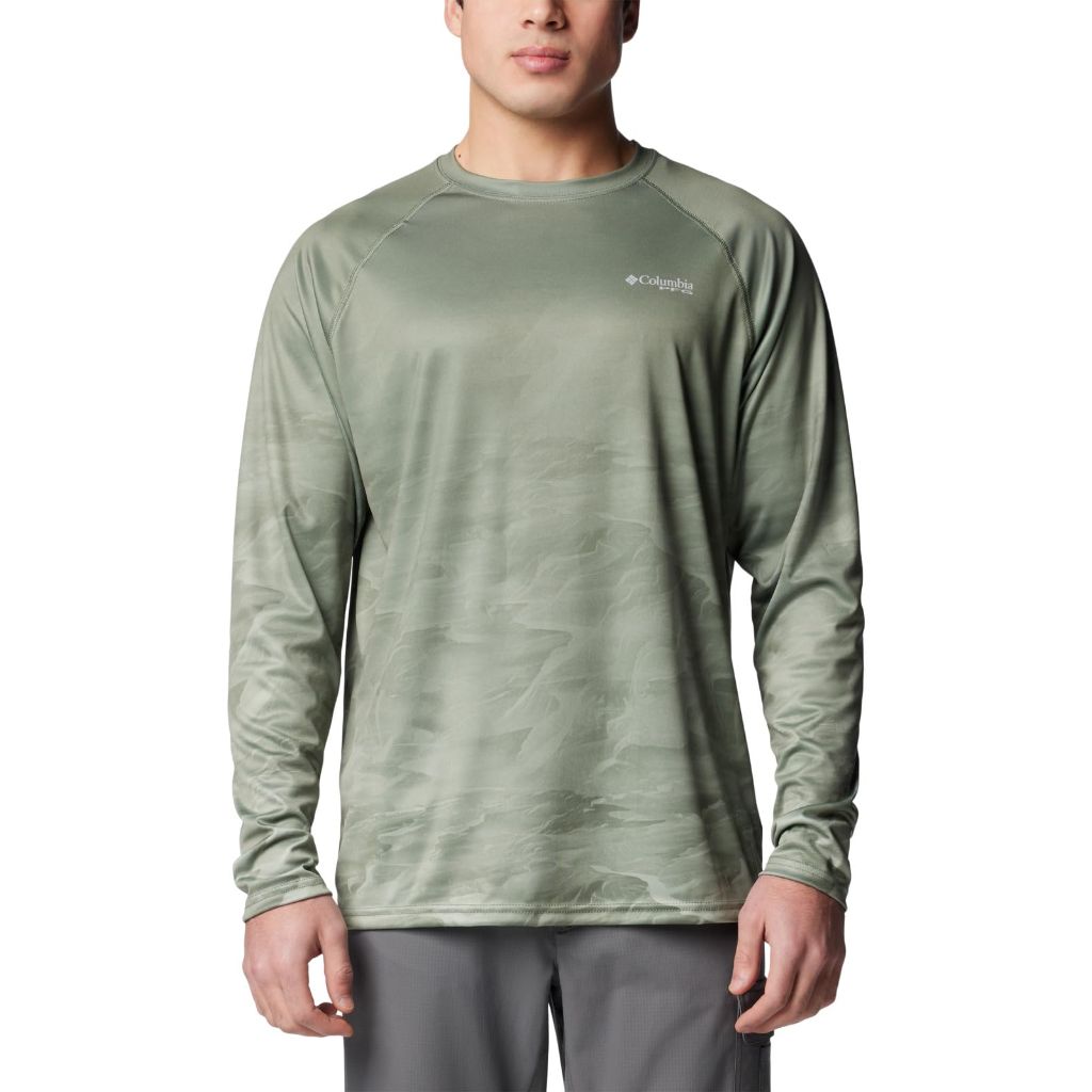 Columbia Men's Super Terminal Tackle PFG Fish Flow Long Sleeve, Cypress Undulating/Fish Flow Trout, X-Small
