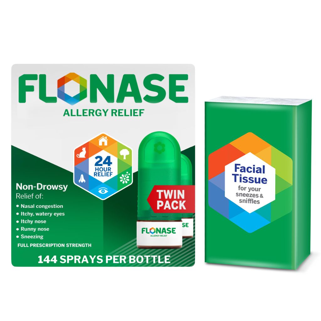 Flonase Allergy Relief Nasal Spray, 144 Sprays (Pack of 2) plus Bonus Pack of Tissues