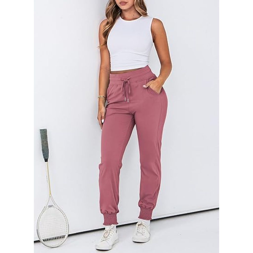Dokotoo Womens Casual Elastic Waist Solid Comfy Jogging Jogger Pants with Pockets (Pink)