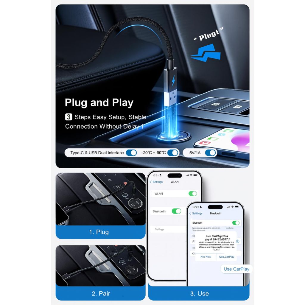ShareHag Wireless CarPlay & Android Auto AI Box, 4K HDMI for Wired CarPlay Cars