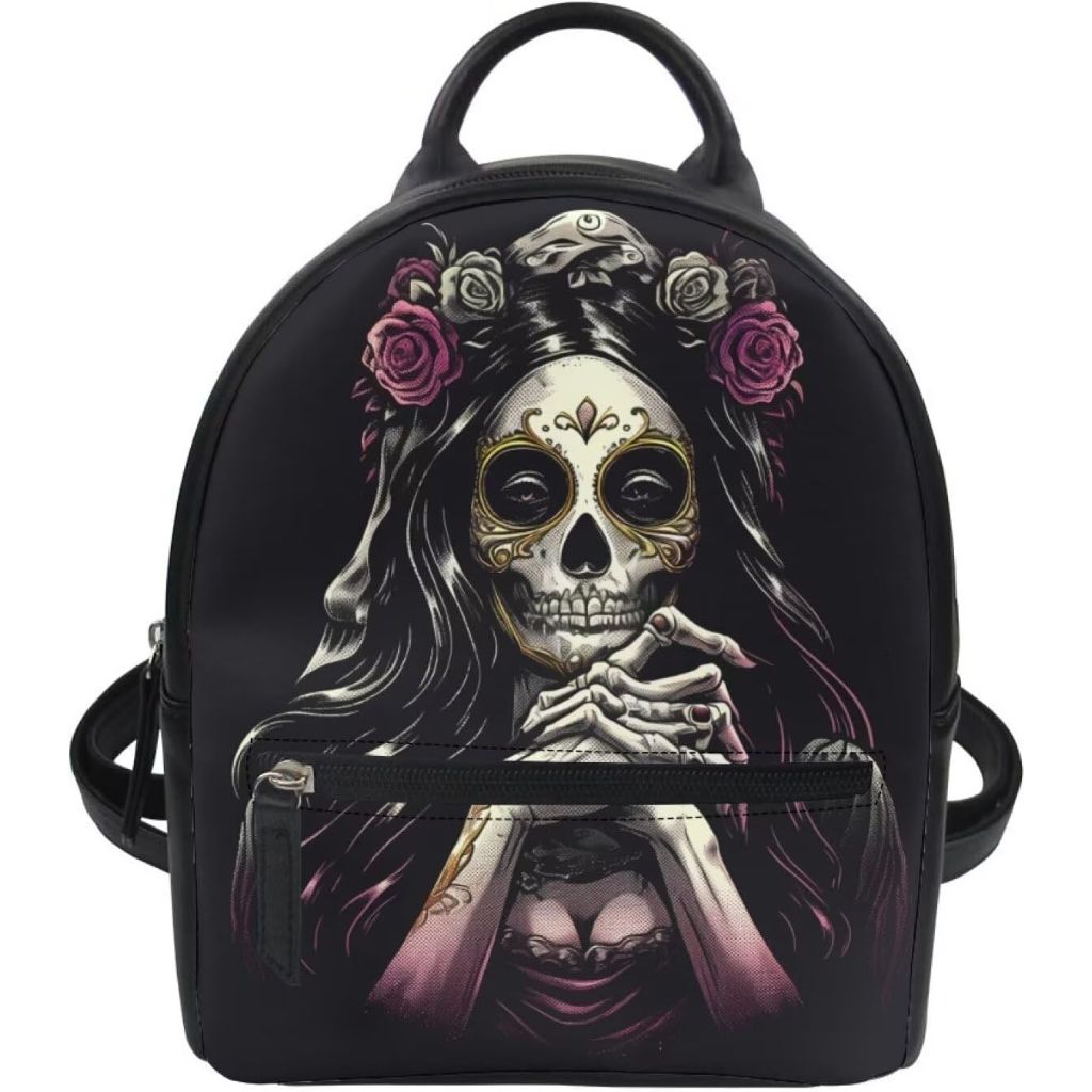 Backpack for Women Small Backpack Cute Holiday Backpack for Travel Hiking Lightweight Zipper Bag PU leather Shoulder Bag, Roses Skull Print