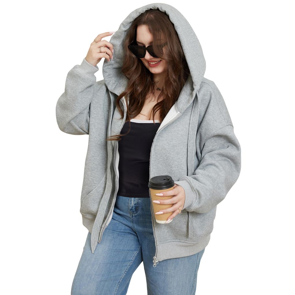 ROSCHICO Plus Size Zip Up Hoodies With Pockets Grey Women( Size 2XL)