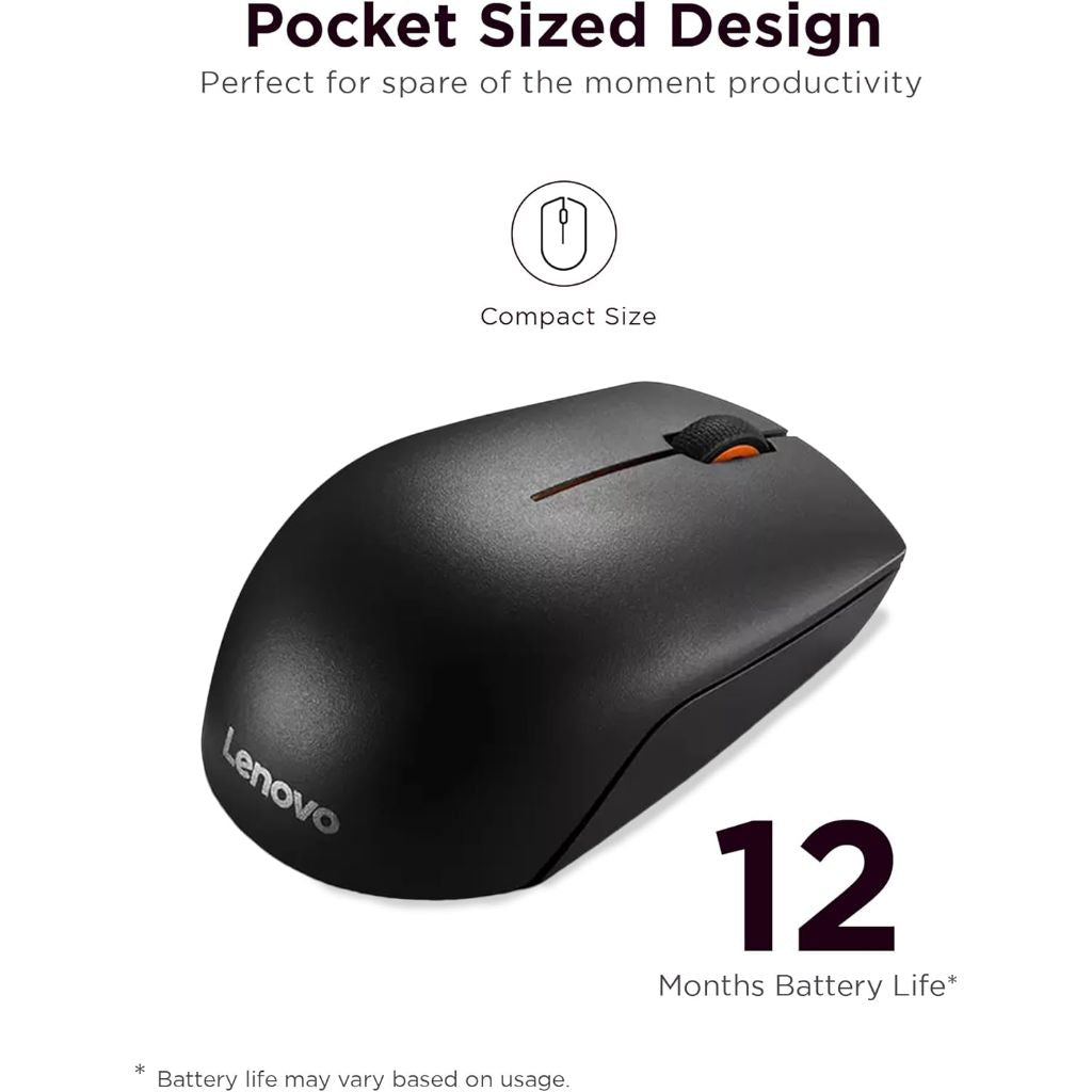 Lenovo 300 Wireless Mouse | Black| 12 Month Battery Life